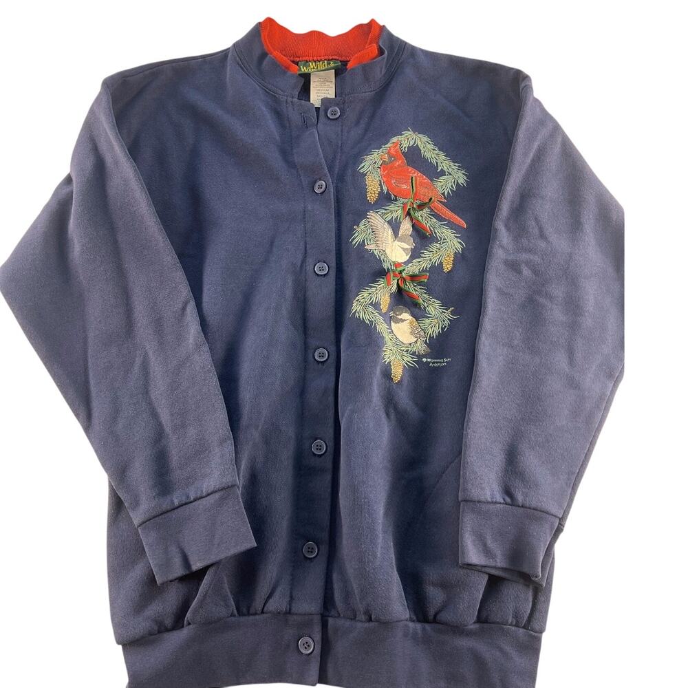 Vintage 90s Wild Wings Cardinal Bird Cardigan Sweatshirt M Christmas Holiday - Picture 1 of 4